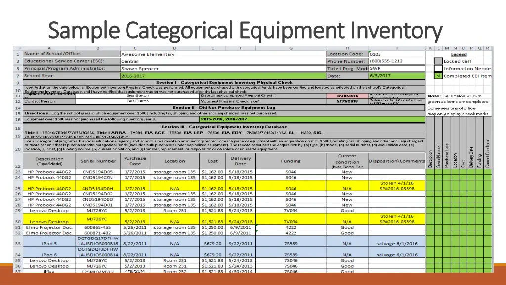 sample categorical equipment inventory sample