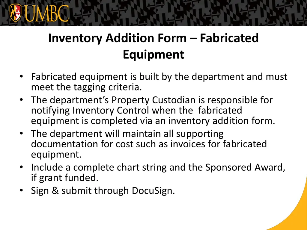 inventory addition form fabricated equipment