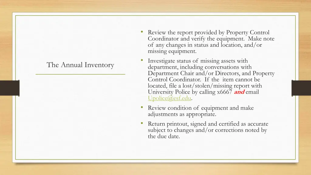 review the report provided by property control