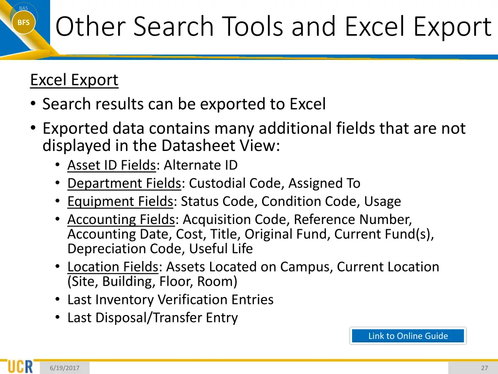 bas bfs other search tools and excel export 1