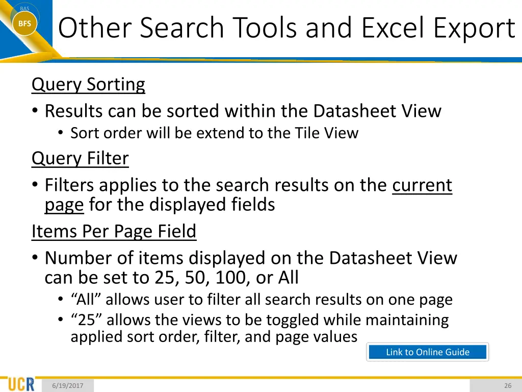 bas bfs other search tools and excel export