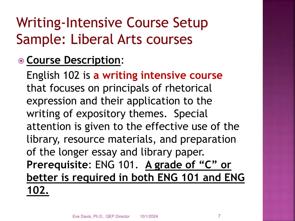 writing intensive course setup sample liberal