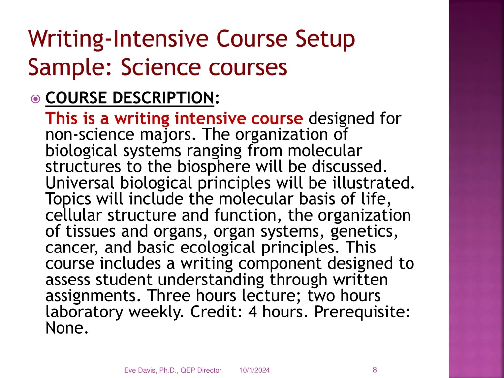 writing intensive course setup sample science