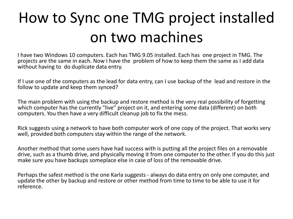 how to sync one tmg project installed