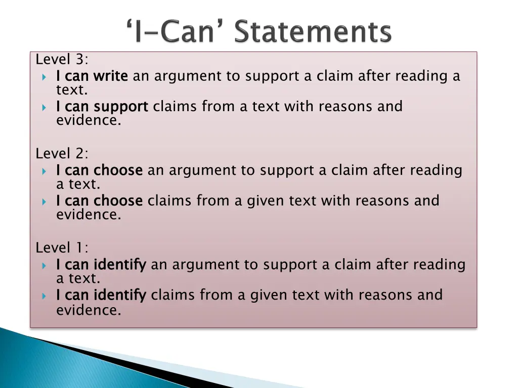 level 3 i can write text i can support evidence