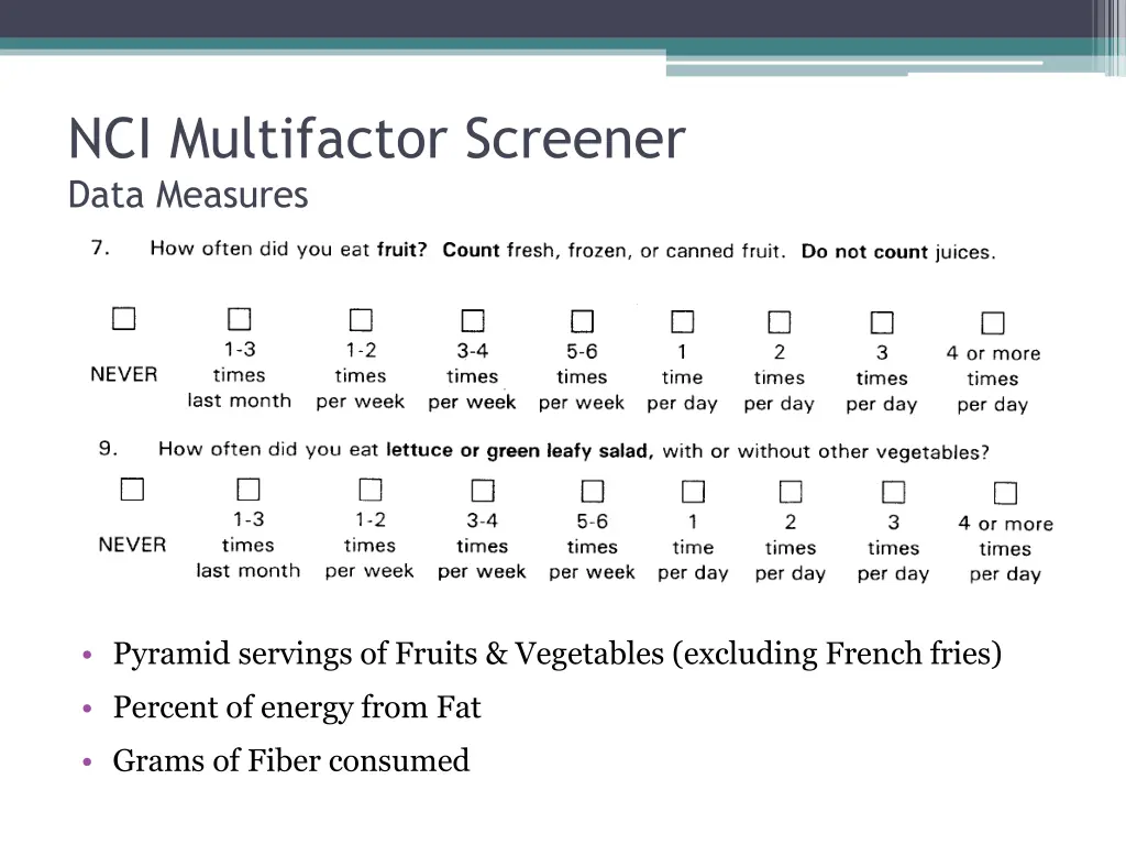 nci multifactor screener data measures