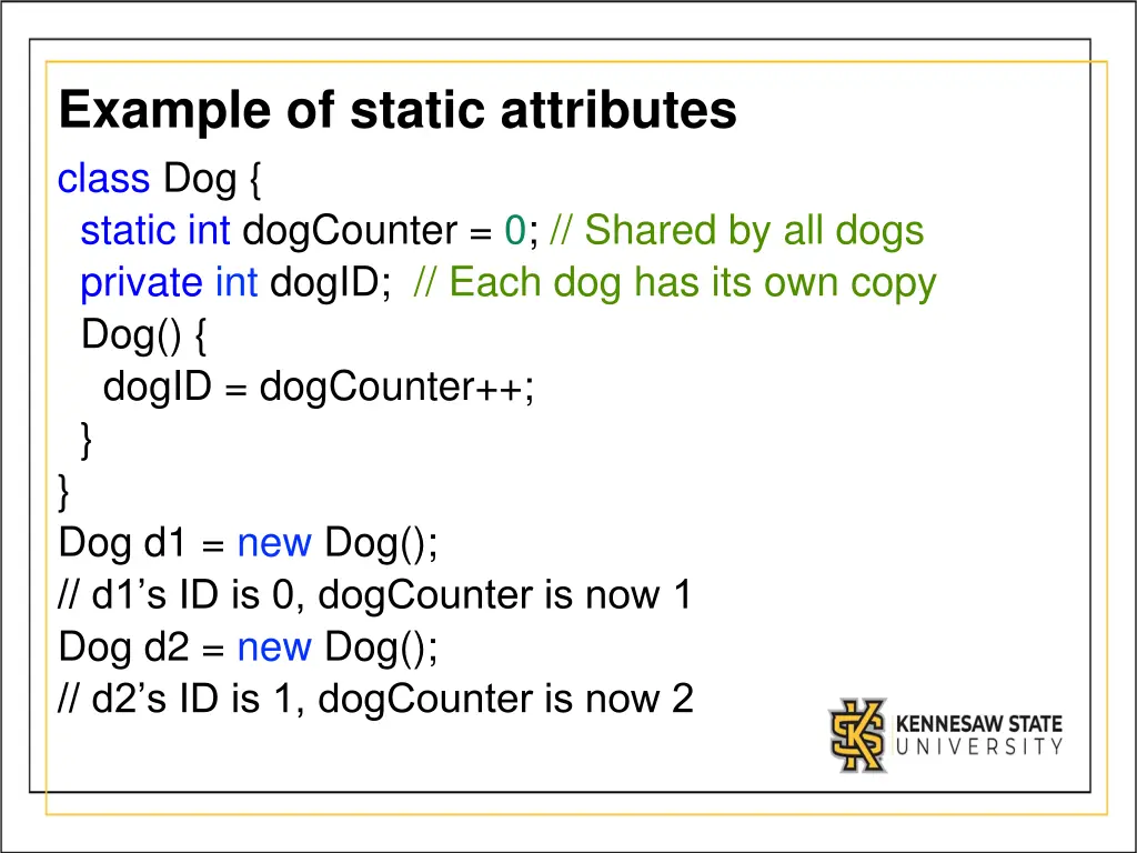 example of static attributes class dog static