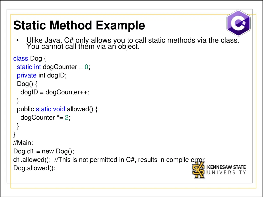 static method example ulike java c only allows