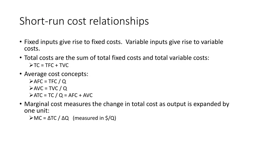 short run cost relationships