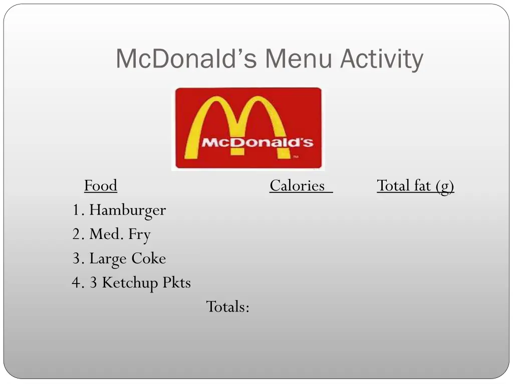 mcdonald s menu activity