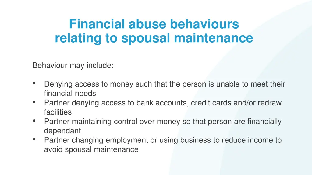 financial abuse behaviours relating to spousal