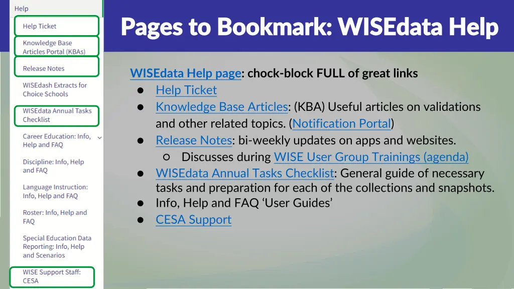 pages to bookmark wisedata help pages to bookmark