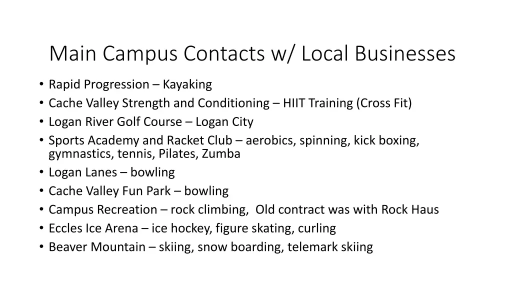 main campus contacts w local businesses