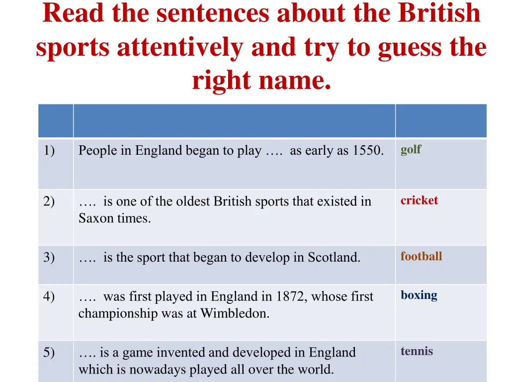 read the sentences about the british sports