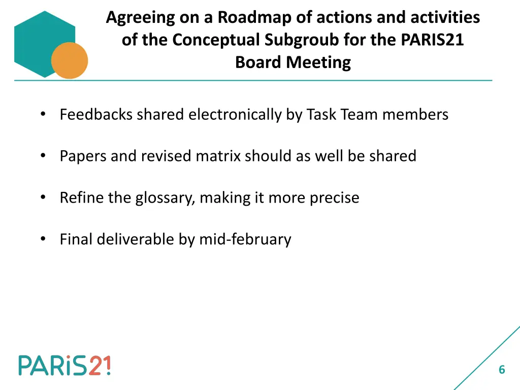 agreeing on a roadmap of actions and activities