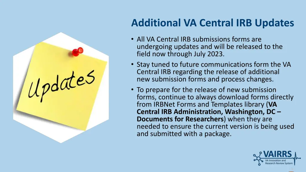 additional va central irb updates