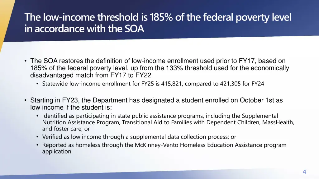 the low income threshold is 185 of the federal