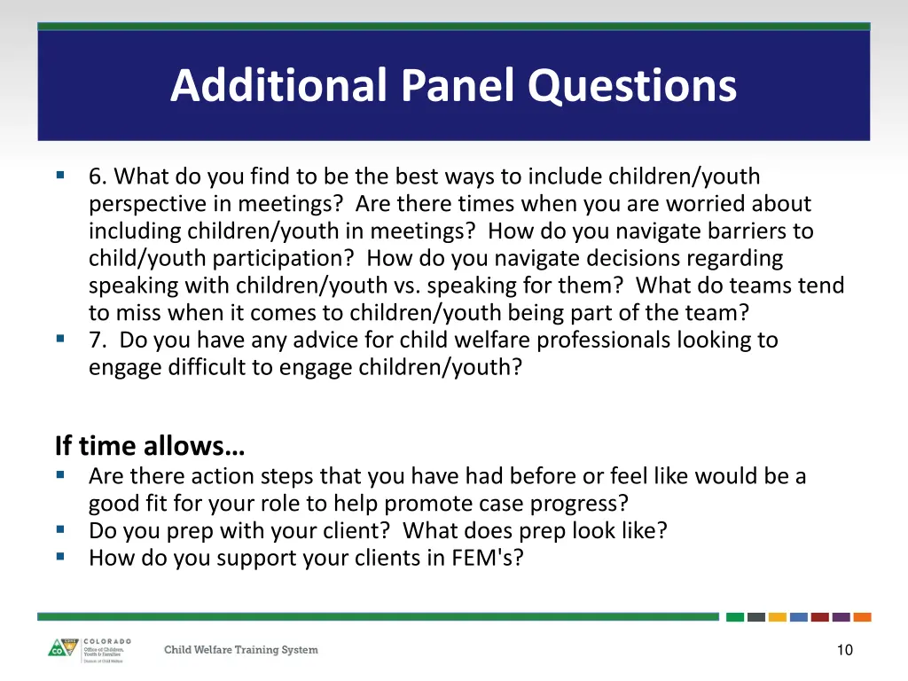 additional panel questions