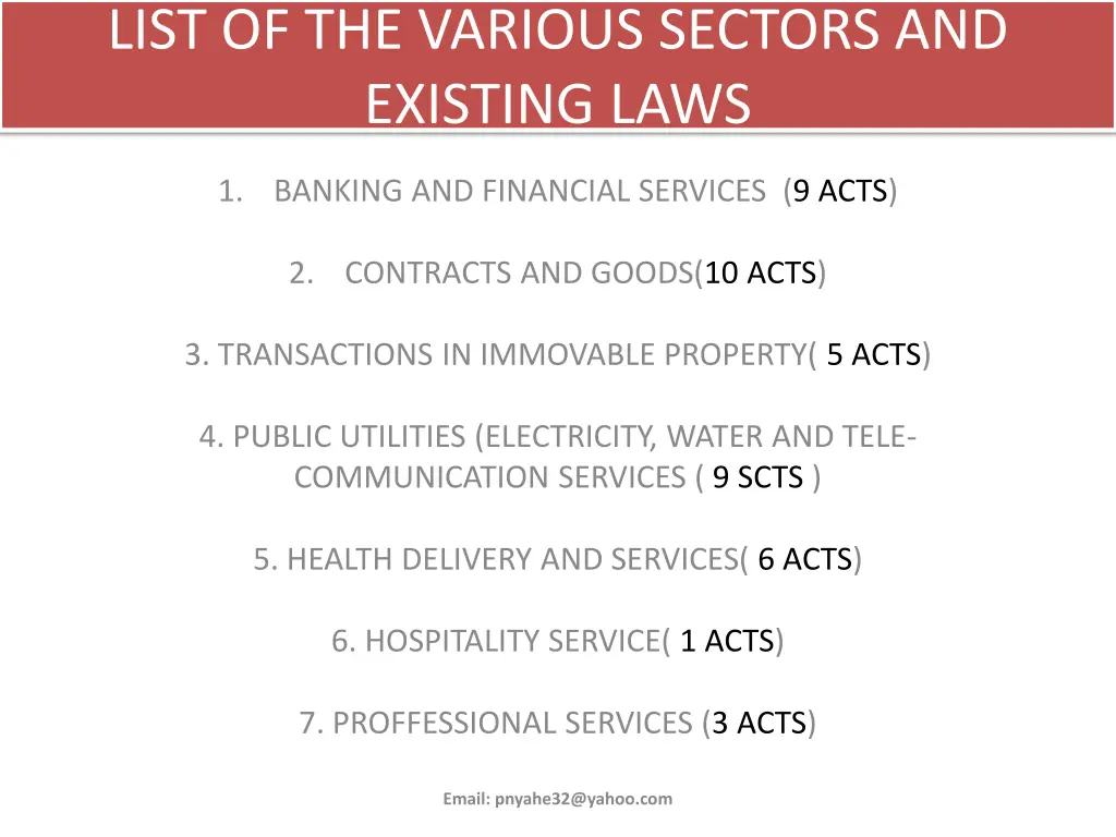 list of the various sectors and existing laws