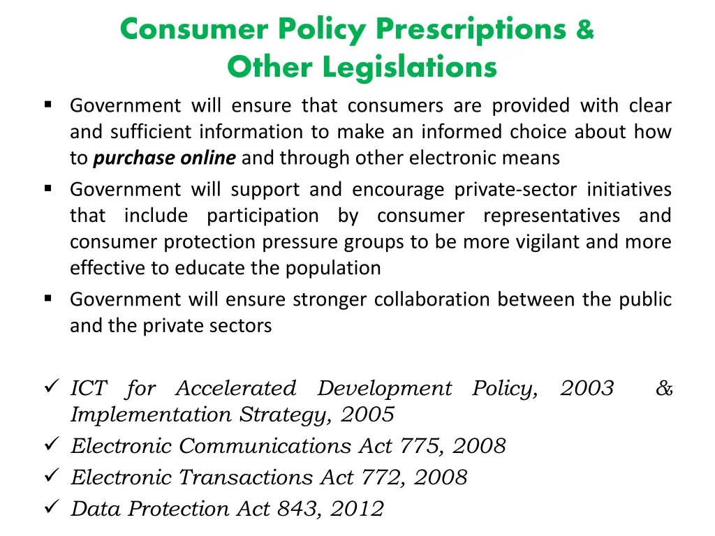 consumer policy prescriptions other legislations