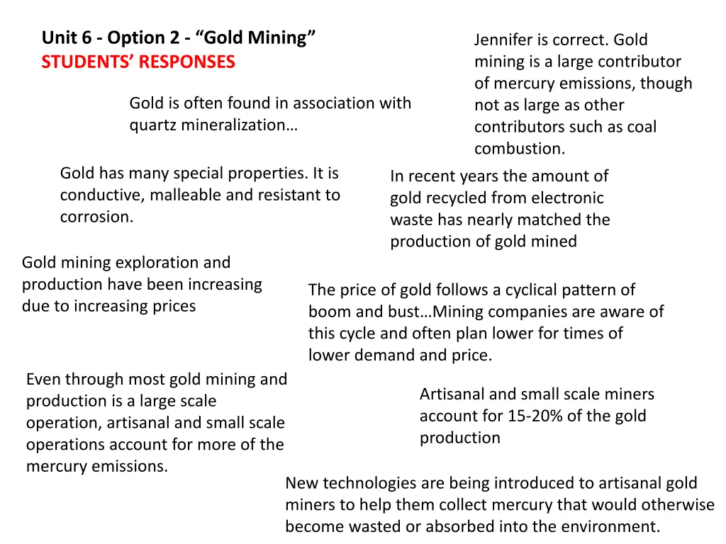 unit 6 option 2 gold mining students responses