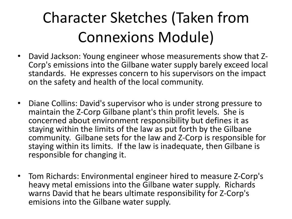 character sketches taken from connexions module