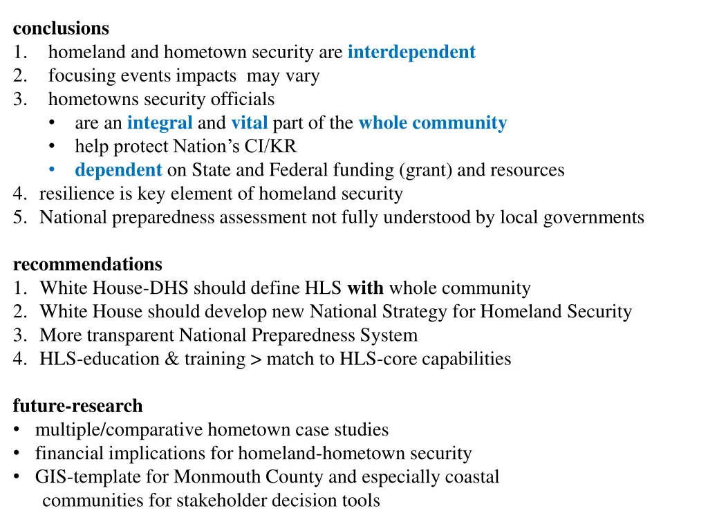 conclusions 1 homeland and hometown security