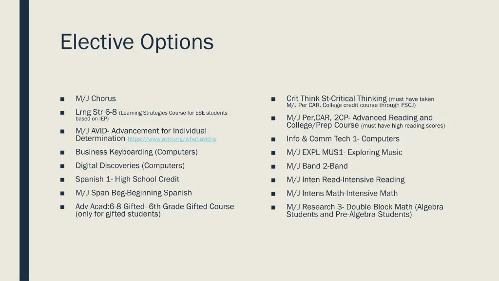 elective options