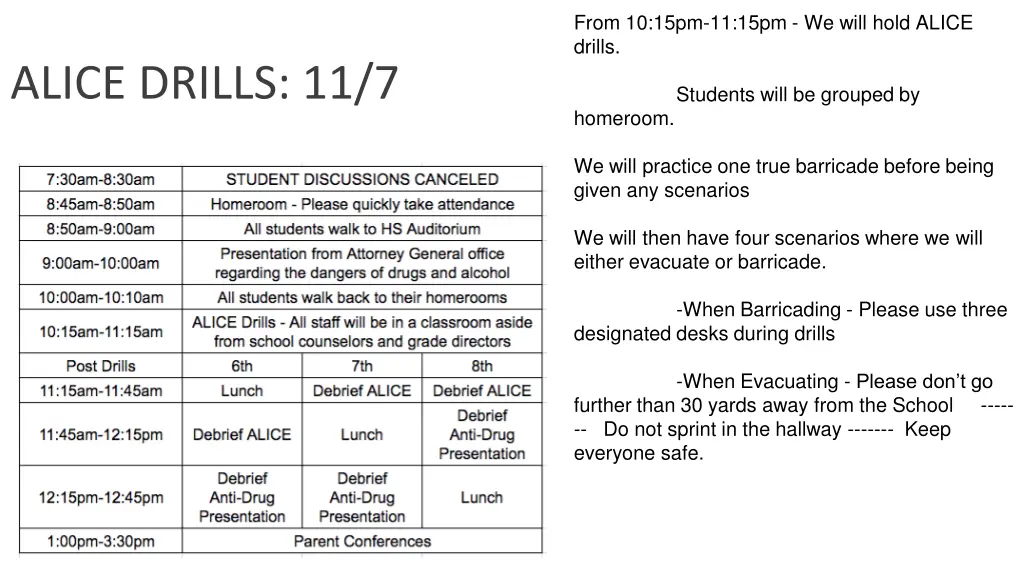 from 10 15pm 11 15pm we will hold alice drills