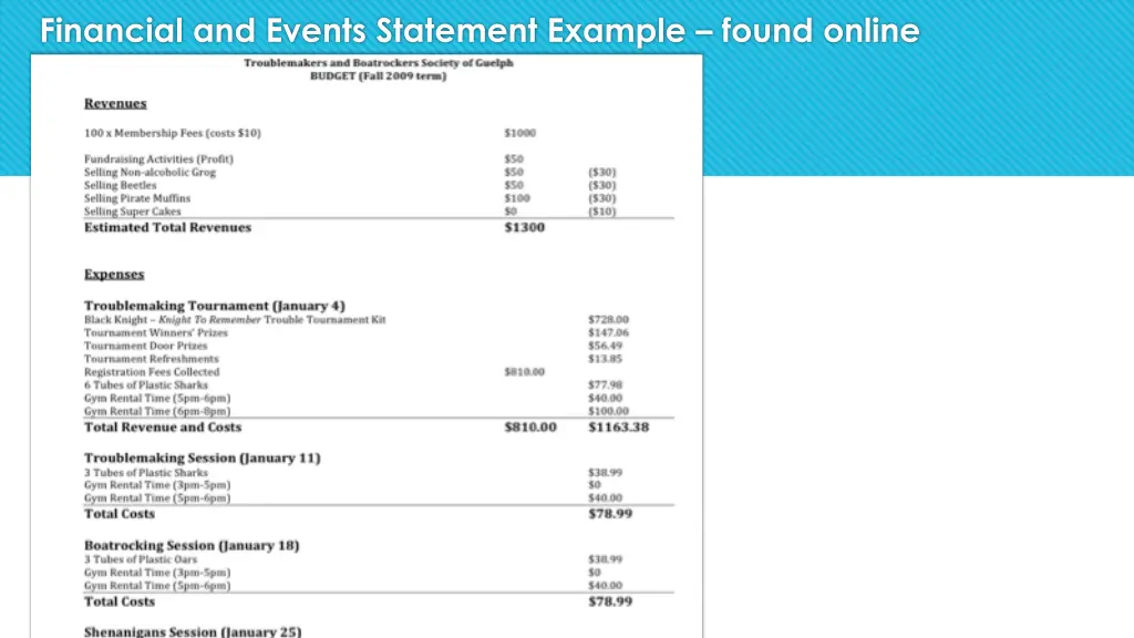 financial and events statement example found