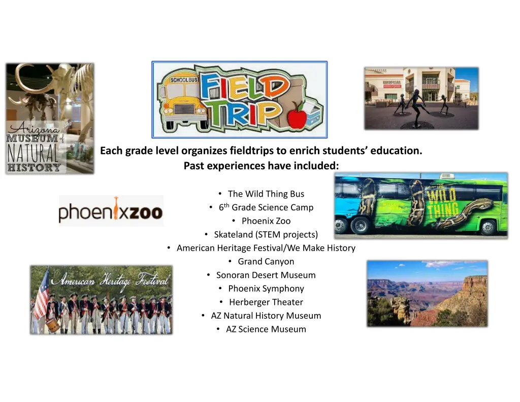 each grade level organizes fieldtrips to enrich