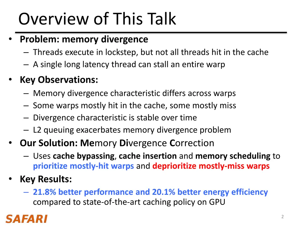 overview of this talk problem memory divergence