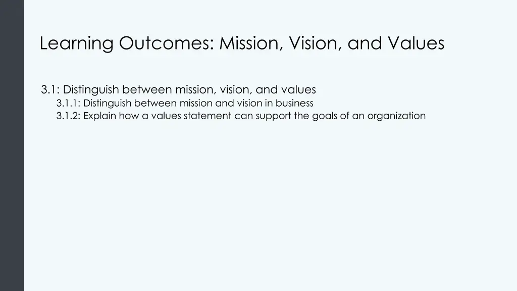 learning outcomes mission vision and values