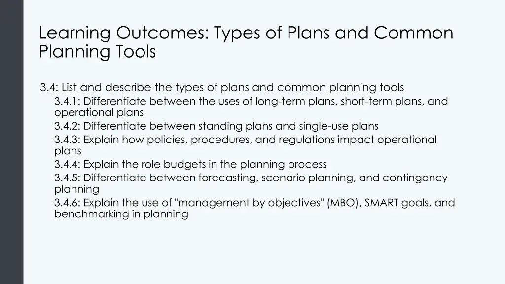 learning outcomes types of plans and common