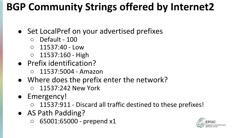 bgp community strings offered by internet2