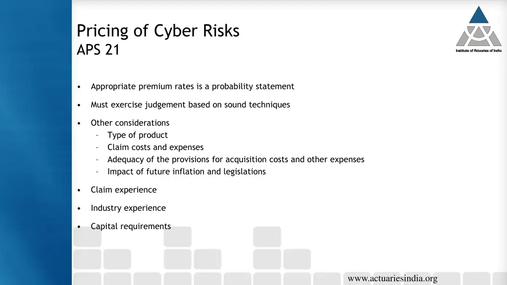 pricing of cyber risks aps 21