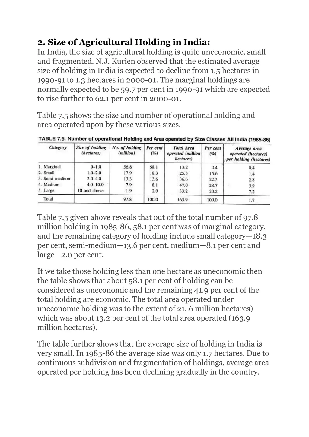 2 size of agricultural holding in india in india