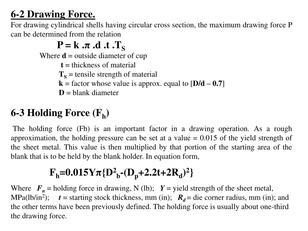 6 2 drawing force for drawing cylindrical shells