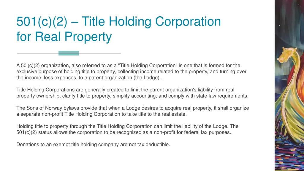 501 c 2 title holding corporation for real