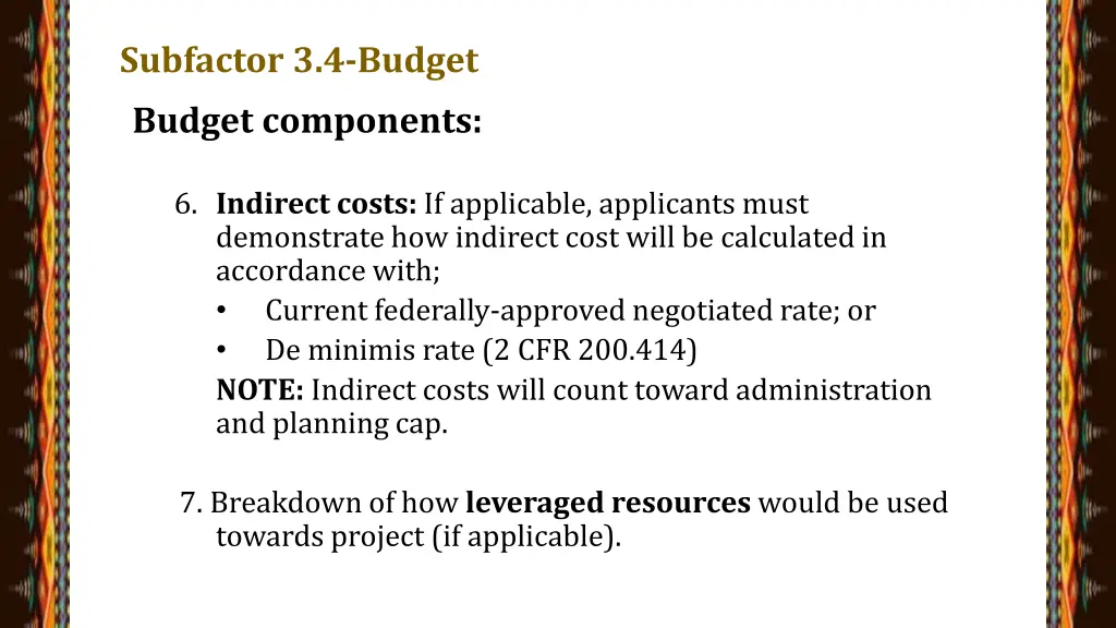 subfactor 3 4 budget budget components