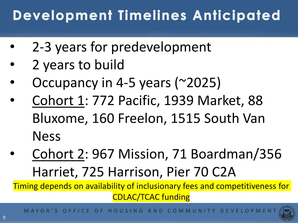 development timelines anticipated