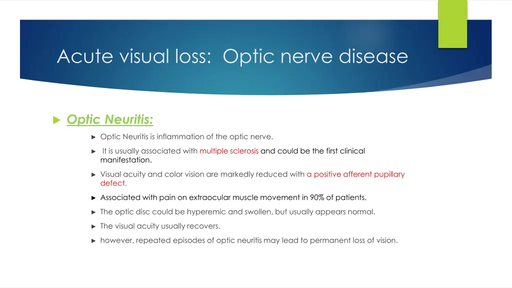 acute visual loss optic nerve disease