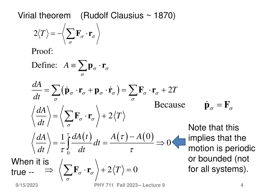 virial theorem rudolf clausius 1870 proof define a