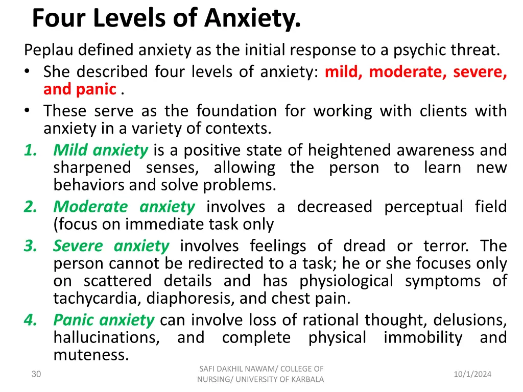 four levels of anxiety peplau defined anxiety