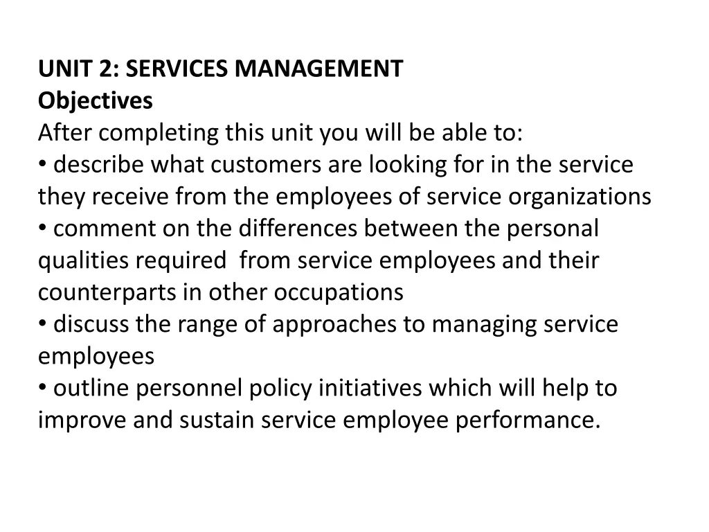 unit 2 services management objectives after