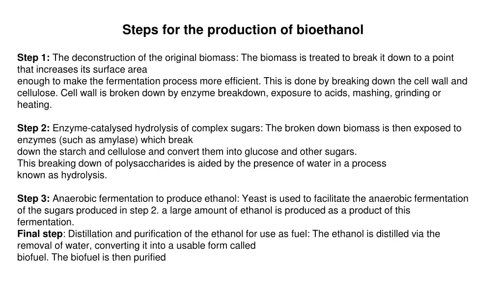 steps for the production of bioethanol