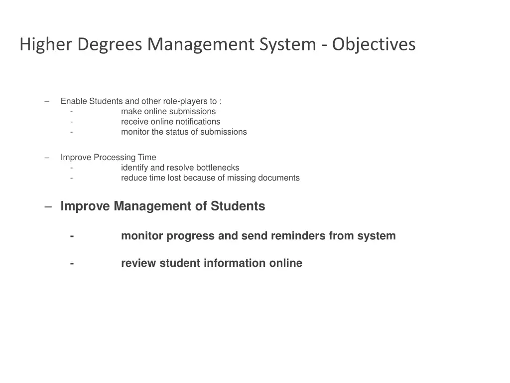 higher degrees management system objectives 2