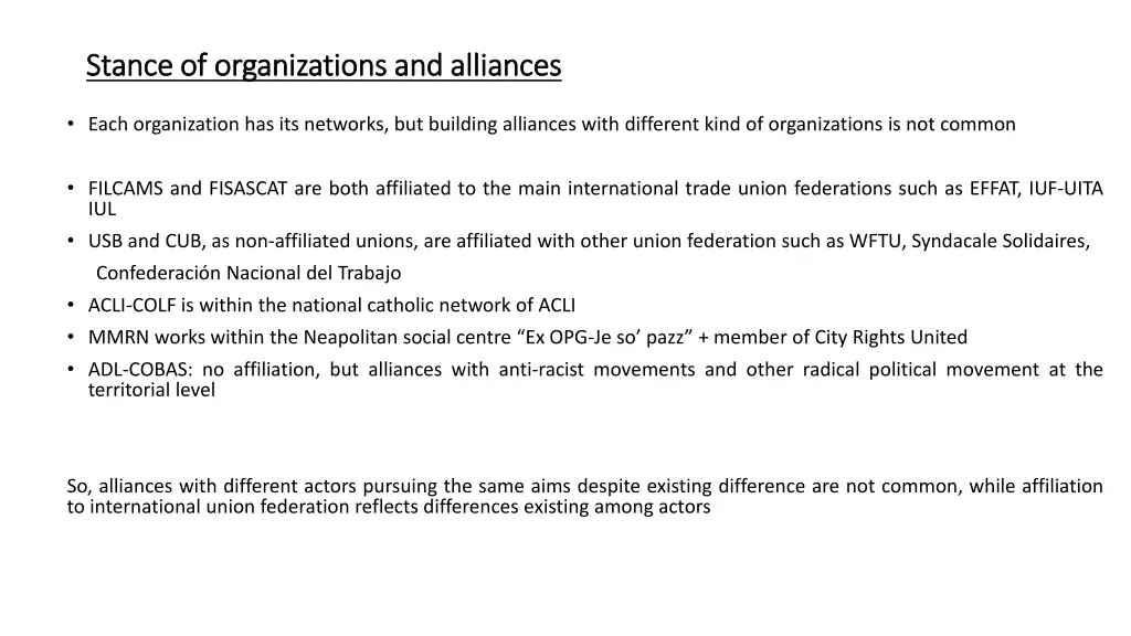 stance of organizations and alliances stance