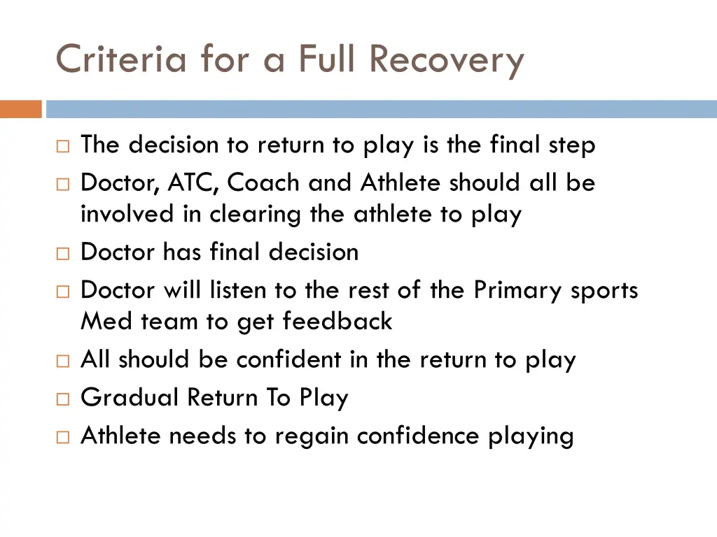 criteria for a full recovery