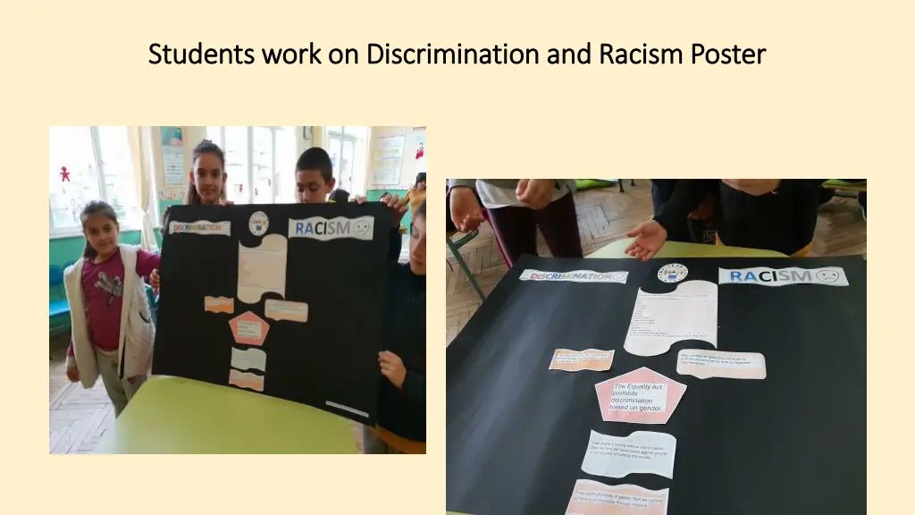 students work on discrimination and racism poster